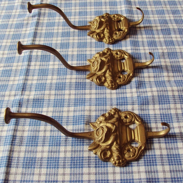 3 Antique French Brass Art Nouveau Style Coat Hooks Roses Grapes Heavy Decorative and Very French