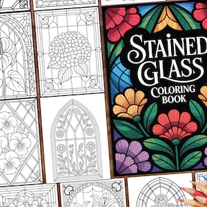 May include: A collection of stained glass coloring books with floral designs. The cover of one book features the title "Stained Glass Coloring Book" with colorful floral and geometric patterns. Other pages show line drawings of flowers and stained glass window designs.