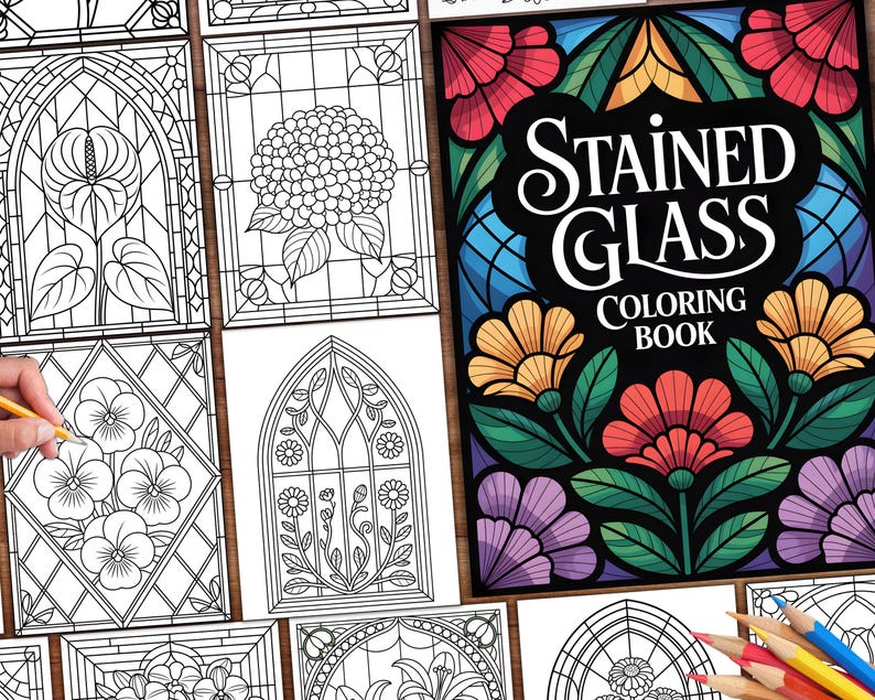 May include: A collection of stained glass coloring books with floral designs. The cover of one book features the title "Stained Glass Coloring Book" with colorful floral and geometric patterns. Other pages show line drawings of flowers and stained glass window designs.