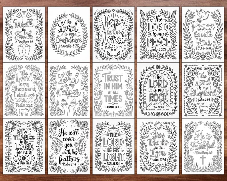 May include: A collection of fifteen black and white inspirational cards with floral and leaf borders. Each card features a different Bible verse, such as "Walk by Faith" and "The Lord is my Shepherd." The cards are designed for coloring.