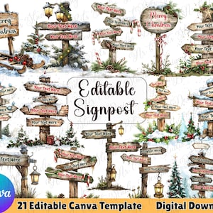 May include: A collection of watercolor-style signposts with a winter theme. The signs are made of wood and decorated with snow, pine branches, and berries. Each sign has space for custom text. The image includes the text "Merry Christmas".