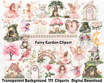 Watercolor Fairy Garden Clipart , Magical Forest Fairies PNG, Nature Fairytale, Enchanted Mushroom, Birthday Bundle