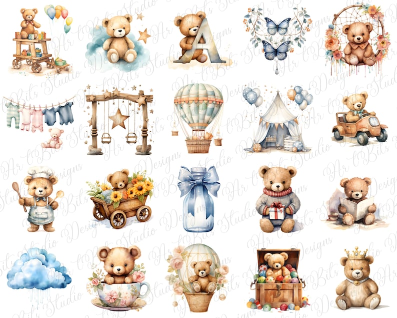Watercolor Teddy Bear Clipart Bundle, Boho Baby Shower Clipart, Beige ...