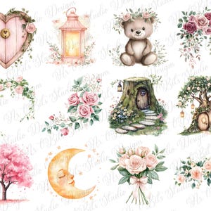 May include: Watercolor illustrations of whimsical fairy tale elements. Includes a heart-shaped door, a lantern, a teddy bear with a floral crown, floral arrangements, a tree with a door, a pink cherry blossom tree, a crescent moon with a face, and a bouquet of roses.
