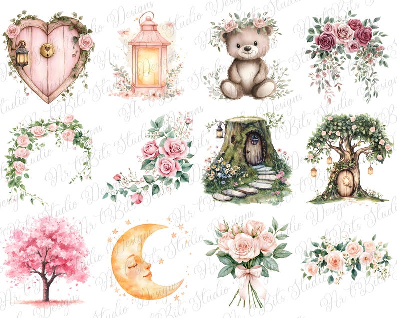 May include: Watercolor illustrations of whimsical fairy tale elements. Includes a heart-shaped door, a lantern, a teddy bear with a floral crown, floral arrangements, a tree with a door, a pink cherry blossom tree, a crescent moon with a face, and a bouquet of roses.