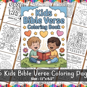 May include: A colorful image of a children's coloring book titled "Kids Bible Verse Coloring Book." The cover features two cartoon children reading a book, surrounded by hearts and stars. The book is 11" x 8.5" and contains 76 coloring pages.