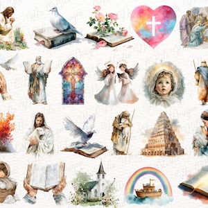 May include: A collection of watercolour illustrations featuring religious themes including Jesus, angels, doves, open Bibles, a stained glass window, a church, Noah's ark with a rainbow, a shepherd with a lamb, and a heart with a white cross.