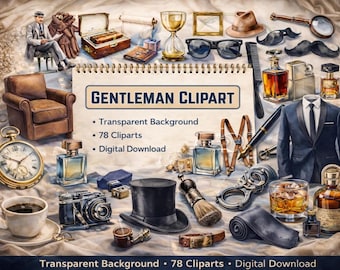 Gentleman Clipart, Classy Men’s Fashion PNG, Whiskey Illustrations, Party Decor, Tuxedo, instand download