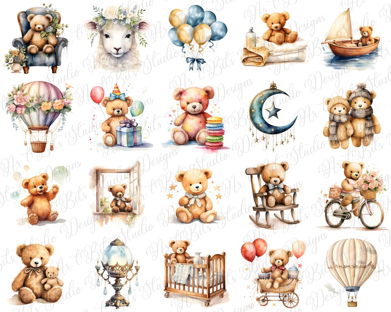 Watercolor Teddy Bear Clipart Bundle, Boho Baby Shower Clipart, Beige ...