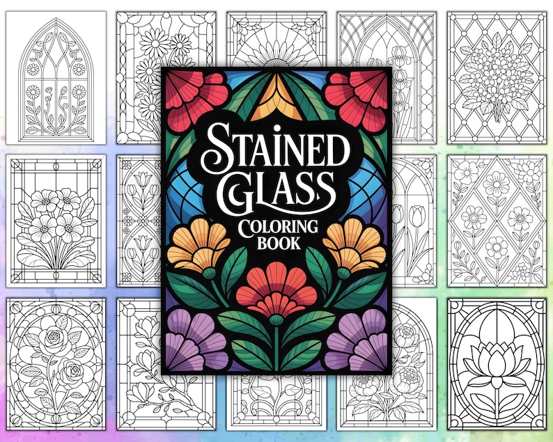May include: A "Stained Glass Coloring Book" with a colorful cover featuring floral designs. Surrounding the book are various black and white stained glass window illustrations with floral and geometric patterns, ready for coloring.