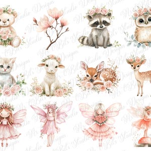 May include: Watercolor illustrations of woodland creatures and fairies. The image features a teddy bear, raccoon, owl, kitten, lamb, deer, and fairies, all adorned with floral crowns and surrounded by flowers. The color palette includes soft pinks, browns, and greens.