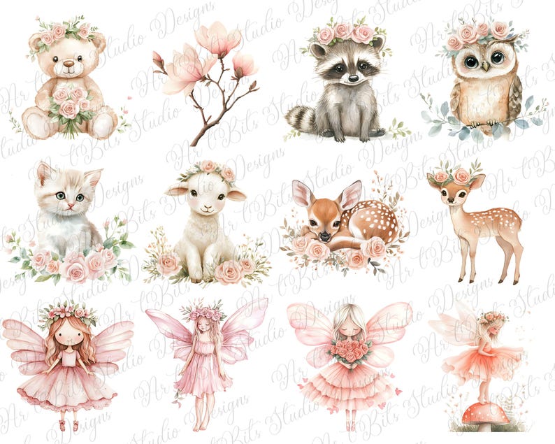 May include: Watercolor illustrations of woodland creatures and fairies. The image features a teddy bear, raccoon, owl, kitten, lamb, deer, and fairies, all adorned with floral crowns and surrounded by flowers. The color palette includes soft pinks, browns, and greens.