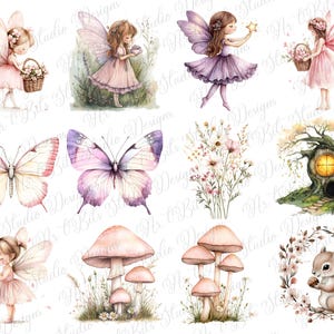 May include: Watercolor illustrations of fairies, butterflies, mushrooms, flowers, and a squirrel. The fairies are depicted in various poses, some holding baskets of flowers, others with stars. The butterflies have pink and purple wings. The mushrooms are pink and the squirrel is holding a nut.