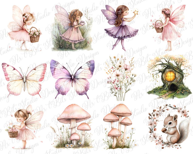 May include: Watercolor illustrations of fairies, butterflies, mushrooms, flowers, and a squirrel. The fairies are depicted in various poses, some holding baskets of flowers, others with stars. The butterflies have pink and purple wings. The mushrooms are pink and the squirrel is holding a nut.
