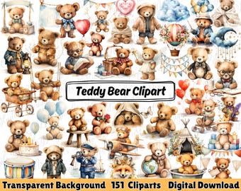 Watercolor Teddy Bear Clipart Bundle, Boho Baby Shower Clipart, Beige Bears, Digital Download