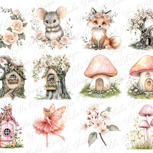 May include: Watercolor illustrations of whimsical woodland creatures and fairy houses. The image features a mouse, fox, and fairy, along with mushroom houses, flowering trees, and floral arrangements in soft pastel colors. The overall theme is fantasy and nature.