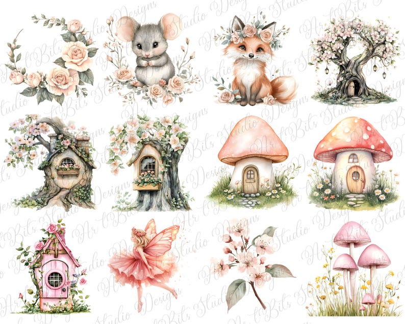 May include: Watercolor illustrations of whimsical woodland creatures and fairy houses. The image features a mouse, fox, and fairy, along with mushroom houses, flowering trees, and floral arrangements in soft pastel colors. The overall theme is fantasy and nature.