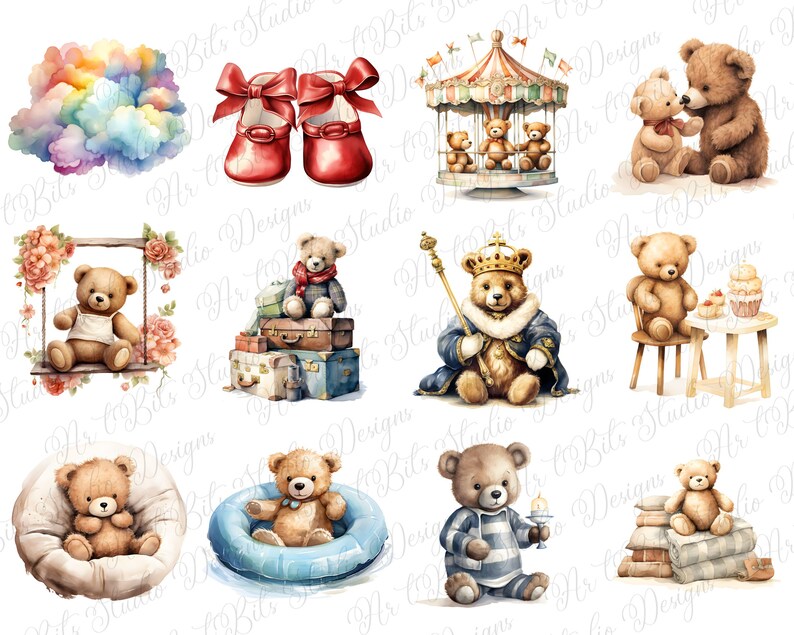 Watercolor Teddy Bear Clipart Bundle, Boho Baby Shower Clipart, Beige ...