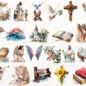 May include: A collection of watercolour illustrations featuring religious imagery including a floral wreath, Jesus with children, a dove, a wooden cross, a scroll, a crown of thorns, a mountain landscape, a church, an open Bible, an angel, Noah's ark, wings, an apple tree, a lion with a lamb, a wooden pew, sunflowers, and books.