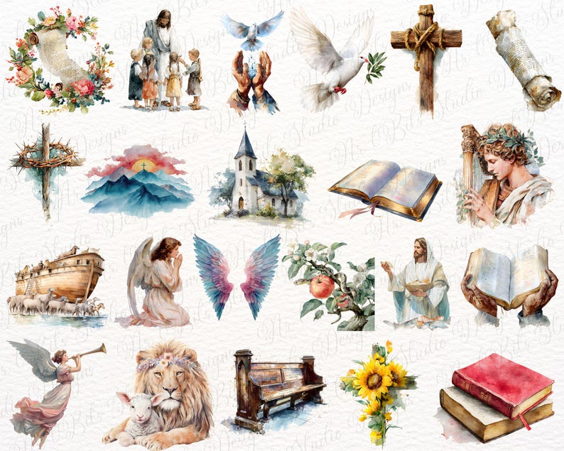 Watercolor Bible Clipart Bundle | Christian PNG Illustrations | Cross ...