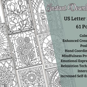 May include: Black and white floral coloring pages with the text "Instant Download", "US Letter Size", and "61 Pages". Benefits listed include calmness, creativity, and self-esteem. The pages feature various flower designs.