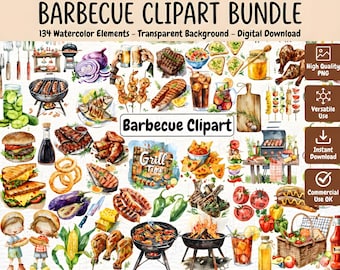 BBQ Party Clipart, Watercolor Barbecue PNG, Summer Graphics, Grill Lover Food Clipart, Commercial Use