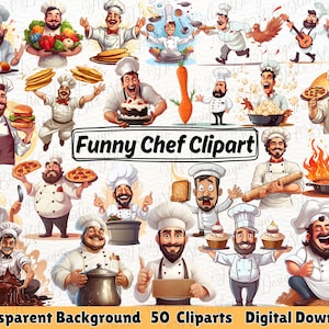 Peut inclure: Collection de 50 cliparts numériques représentant des chefs de dessins animés dans diverses poses. Les chefs sont représentés avec des expressions exagérées et tiennent des aliments comme des hamburgers, des pizzas et des gâteaux. Le texte "Funny Chef Clipart" est affiché.