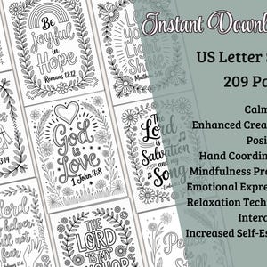 May include: A collection of black and white printable coloring pages with inspirational quotes and floral borders. The text includes "Be joyful in Hope", "God is Love", and "The Lord is my Salvation". The image also includes the text "Instant Download".