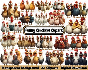 Funny Chicken Clipart– Quirky Cartoon Chickens PNG Set – Watercolor Baby Chick Clipart, Farm Decor