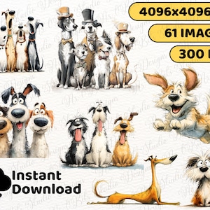 May include: A digital art collection featuring various cartoon dog illustrations. The dogs are depicted in different poses and styles, with some wearing hats and bow ties. The image includes text that reads "Instant Download".