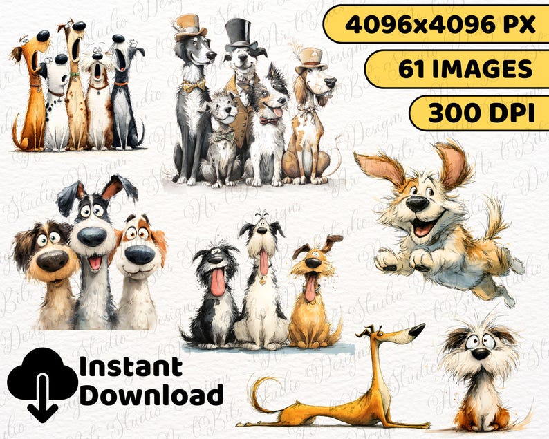 May include: A digital art collection featuring various cartoon dog illustrations. The dogs are depicted in different poses and styles, with some wearing hats and bow ties. The image includes text that reads "Instant Download".