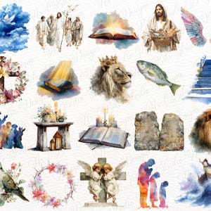May include: A collection of watercolour illustrations featuring religious themes including a dove in clouds, Jesus with followers, an open Bible, a lion with a crown, a fish, a floral cross, stone tablets, angels, and praying figures.