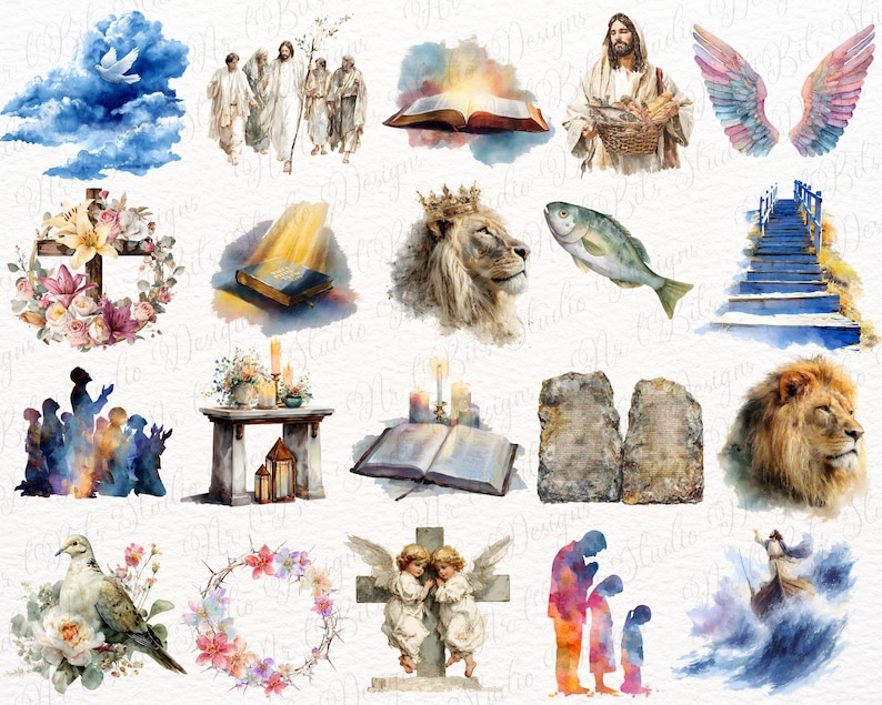 May include: A collection of watercolour illustrations featuring religious themes including a dove in clouds, Jesus with followers, an open Bible, a lion with a crown, a fish, a floral cross, stone tablets, angels, and praying figures.