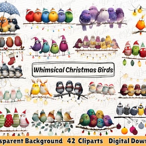 Whimsical Christmas Birds Clipart: Funny Watercolor PNG (Digital Download)