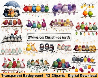 Whimsical Christmas Birds Clipart: Funny Watercolor PNG (Digital Download)