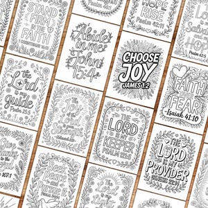 May include: A collection of black and white inspirational cards with floral borders. Each card features a different Bible verse and message, such as "Choose Joy" and "Faith Over Fear". Ideal for coloring or gifting.