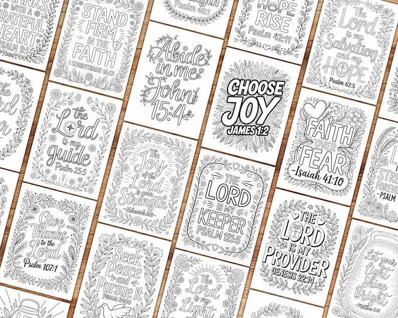 May include: A collection of black and white inspirational cards with floral borders. Each card features a different Bible verse and message, such as "Choose Joy" and "Faith Over Fear". Ideal for coloring or gifting.