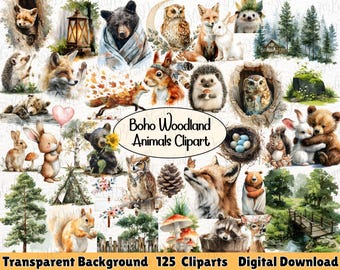 May include: A collection of watercolor illustrations featuring woodland animals such as foxes, owls, bears, and rabbits. The phrase "Boho Woodland Animals Clipart" is displayed, along with the text "Transparent Background 125 Cliparts Digital Download."