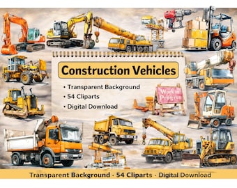 Watercolor Construction Vehicles Clipart, Dump Truck, Yellow Excavator, Bulldozer & Cement Truck