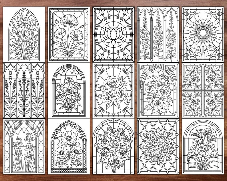 May include: A collection of fifteen black and white stained glass designs featuring floral and geometric patterns. Designs include irises, poppies, a lotus flower, sunflowers, lavender, roses, and other flowers. Each design is framed within a rectangular or arched border.