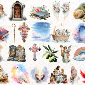 May include: A collection of watercolour illustrations featuring religious symbols including praying hands, a wooden door, a Bible, floral arrangements, a chalice with bread, a shepherd's staff, a cross, Noah's ark, a candle, stone tablets, an olive branch, an angel, a rainbow, a dove, and a flame.