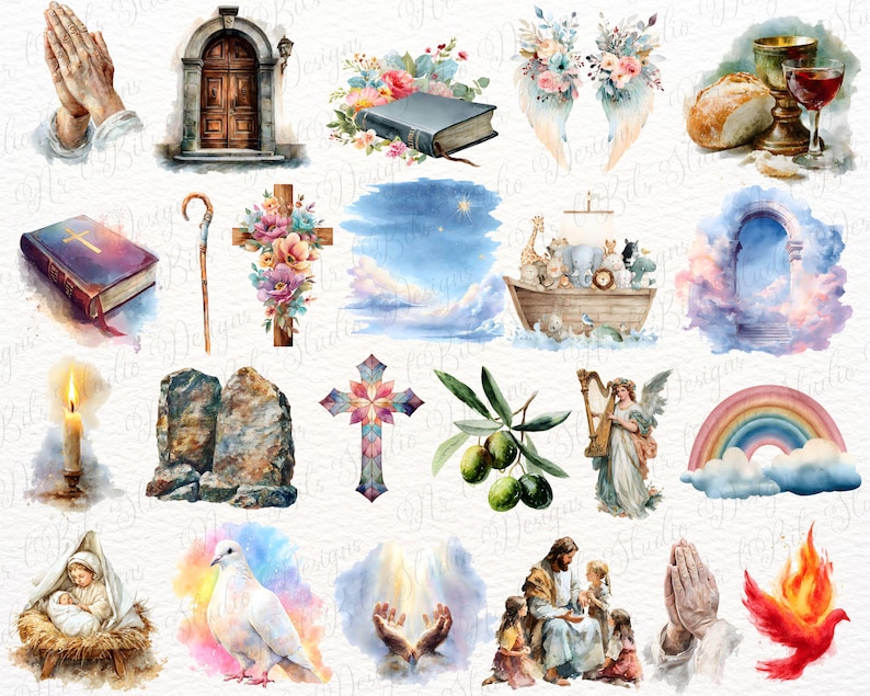 May include: A collection of watercolour illustrations featuring religious symbols including praying hands, a wooden door, a Bible, floral arrangements, a chalice with bread, a shepherd's staff, a cross, Noah's ark, a candle, stone tablets, an olive branch, an angel, a rainbow, a dove, and a flame.