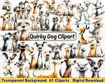Quirky Dog Clipart Bundle, Funny Pets PNG, Whimsical Dogs Breeds Clipart, Animals Illustration