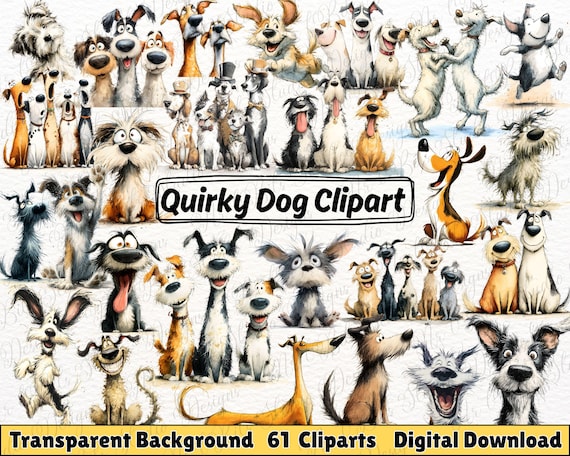 Quirky Dog Clipart Bundle, Funny Pets PNG, Whimsical Dogs Breeds Clipart, Animals Illustration