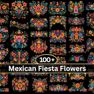 Könnte beinhalten: Eine Sammlung von über 100 lebendigen mexikanischen Fiesta-Blumendesigns in verschiedenen Anordnungen. Die Blumen zeigen leuchtende Farben wie Orange, Blau und Rosa vor einem schwarzen Hintergrund. Der Text lautet "100+ Mexican Fiesta Flowers".