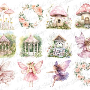 May include: Watercolor illustrations of whimsical fairy garden elements. The image features pink mushroom houses, fairies in flowing dresses, floral wreaths, and gazebos. Soft pastel colors create a dreamy, fairytale aesthetic.