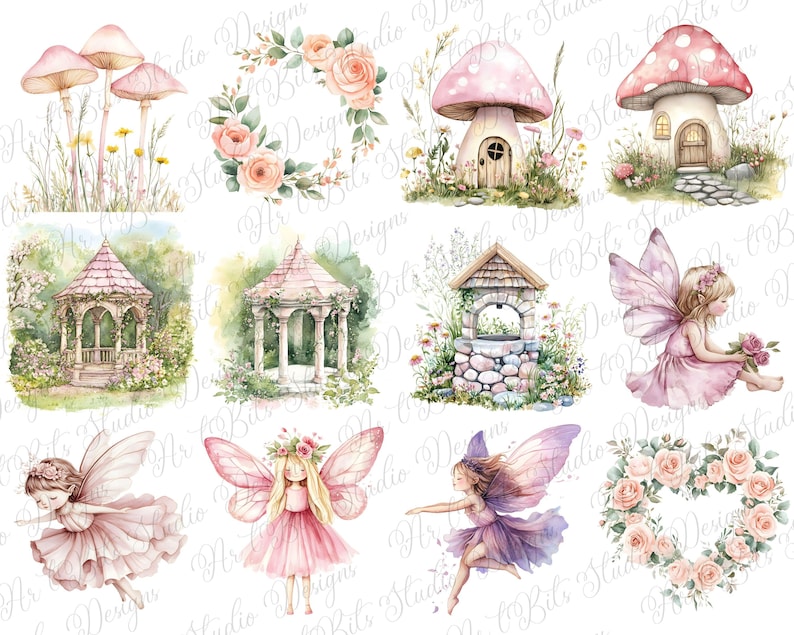 May include: Watercolor illustrations of whimsical fairy garden elements. The image features pink mushroom houses, fairies in flowing dresses, floral wreaths, and gazebos. Soft pastel colors create a dreamy, fairytale aesthetic.