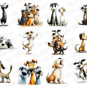 May include: A collection of watercolor illustrations of various dog breeds in playful poses. The dogs are depicted with expressive faces and vibrant colors, showcasing a range of emotions. The artwork has a whimsical and cartoonish style, perfect for pet lovers.