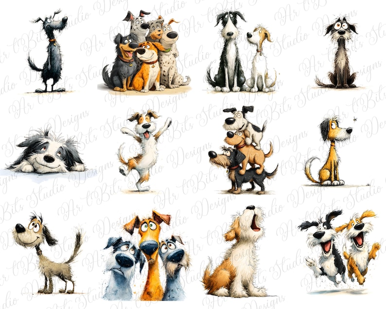May include: A collection of watercolor illustrations of various dog breeds in playful poses. The dogs are depicted with expressive faces and vibrant colors, showcasing a range of emotions. The artwork has a whimsical and cartoonish style, perfect for pet lovers.