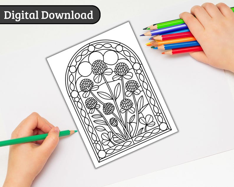 May include: A black and white digital download coloring page featuring a floral design with clover-like flowers and leaves. The words "Digital Download" are in a black oval at the top left. A hand holds colored pencils, and another hand is coloring with a green pencil.